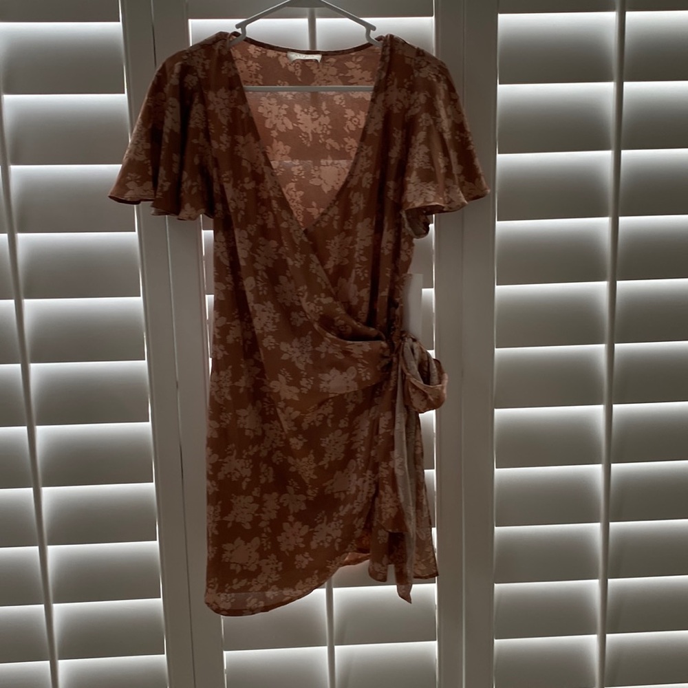Nude color silk floral warp dress